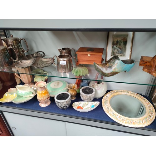 299A - 2 shelves of collectables includes plated ware, hand painted clog & mirror etc .