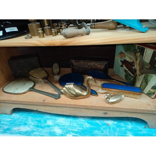 294 - Shelf of collectables includes enamel vintage brush set , petit point dressing table set etc.