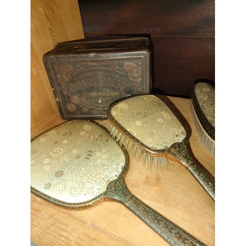 294 - Shelf of collectables includes enamel vintage brush set , petit point dressing table set etc.