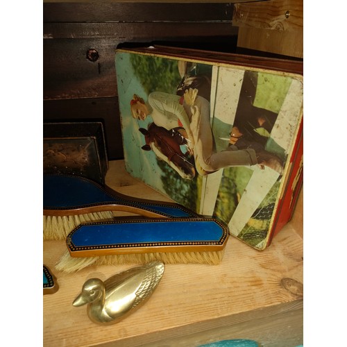 294 - Shelf of collectables includes enamel vintage brush set , petit point dressing table set etc.