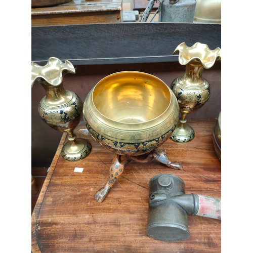 291 - Selection of antique brass ware includes oil lamp , brass fire extinguisher etc .