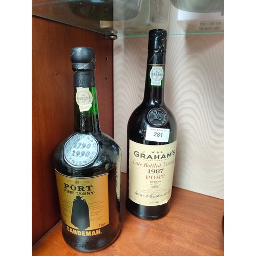 281 - Bottle of W&J Grahams 1987 port together with 1990 bottle of Sandeman tawny port .