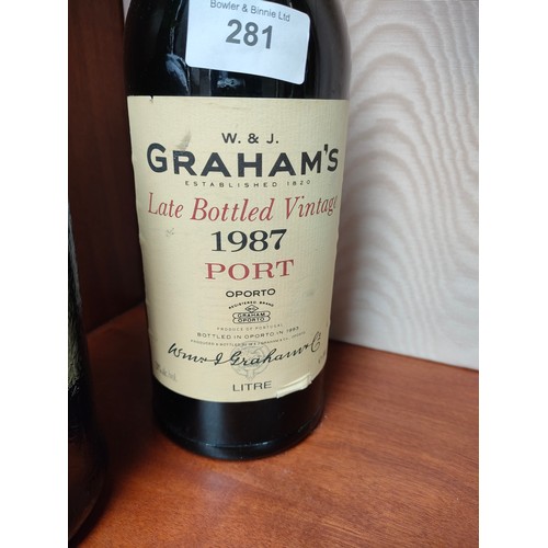 281 - Bottle of W&J Grahams 1987 port together with 1990 bottle of Sandeman tawny port .