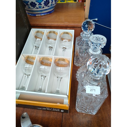 271 - 3 glass decanters together with unusual six piece glass set boxed .