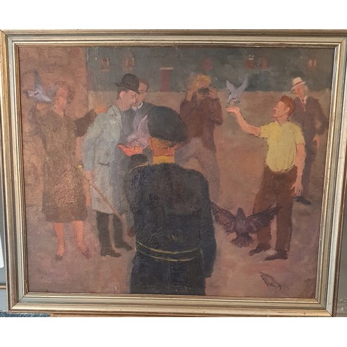 671 - James T Ferguson [1923-2013] Oil, Feeding The Pigeons  
[Frame 53 x 61cm]

Please Note We Will Not P... 