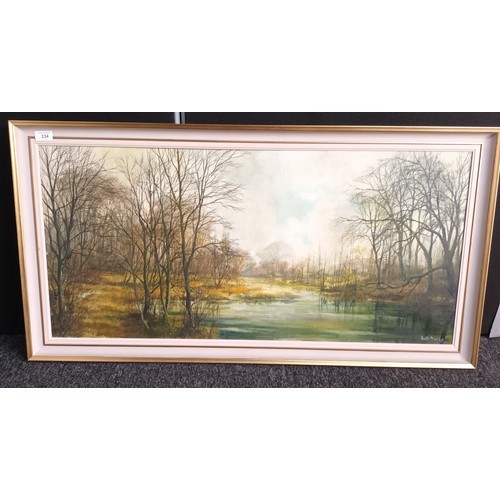 676 - Austin Price
Oil painting on canvas depicting woodland river scene 
Dated 1969 [Frame 55x105cm]