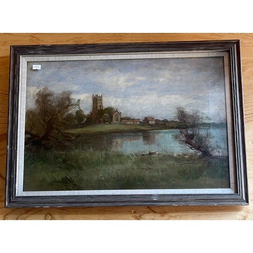 679 - Antique oil painting on canvas depicting church and loch scene. Unsigned. [Frame 43x61cm] [Will not ... 