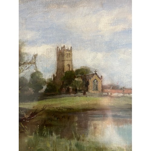 679 - Antique oil painting on canvas depicting church and loch scene. Unsigned. [Frame 43x61cm] [Will not ... 