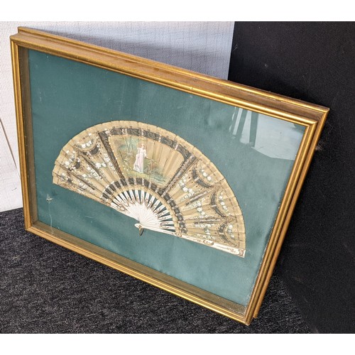 680 - Antique hand painted fan within 3d frame [ 45.5x54cm