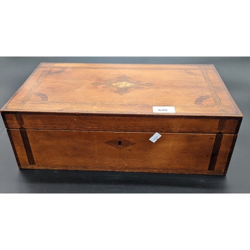 646 - Antique writing box, the inlaid top opening to a brown material slope and compartments