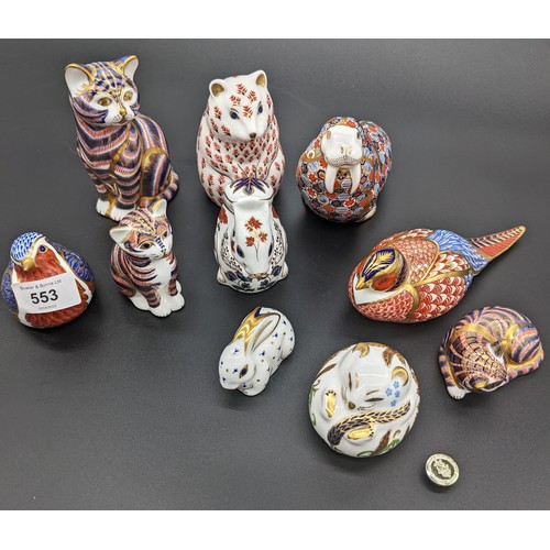 553 - Collection of Royal Crown Derby porcelain animal figurines, some with gold/silver button (10)