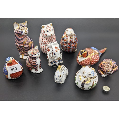 553 - Collection of Royal Crown Derby porcelain animal figurines, some with gold/silver button (10)