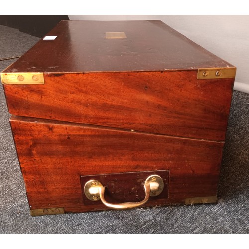 568 - Antique mahogany writing slope, fitted with inlaid brass trims and handles, Has two hidden drawer to... 