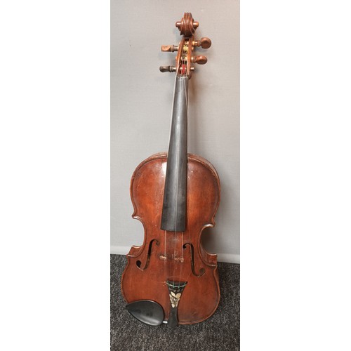 569 - 19th century violin with bow, comes with coffin case, bow named Grimm, Violin is inscribed in pencil... 