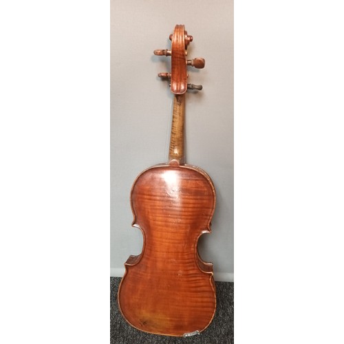 569 - 19th century violin with bow, comes with coffin case, bow named Grimm, Violin is inscribed in pencil... 