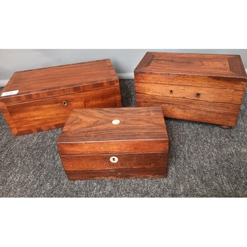 570 - Three various antique tea caddy boxes, two made from rosewood and the other made from mahogany. [Wil... 