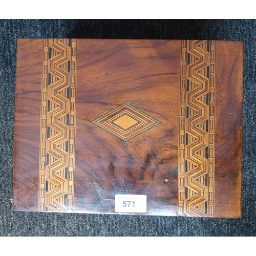 571 - 19th century Marquetry inlaid travel writing slope fitted with interior drawer, containing collectab... 