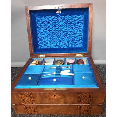 571 - 19th century Marquetry inlaid travel writing slope fitted with interior drawer, containing collectab... 