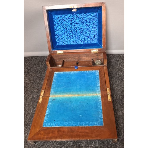 571 - 19th century Marquetry inlaid travel writing slope fitted with interior drawer, containing collectab... 