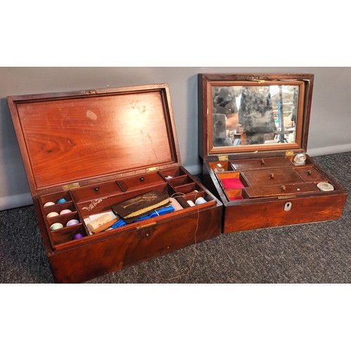 573 - Two antique travelling work/ sewing boxes, fitted with interior sections and drawers. Comes with con... 