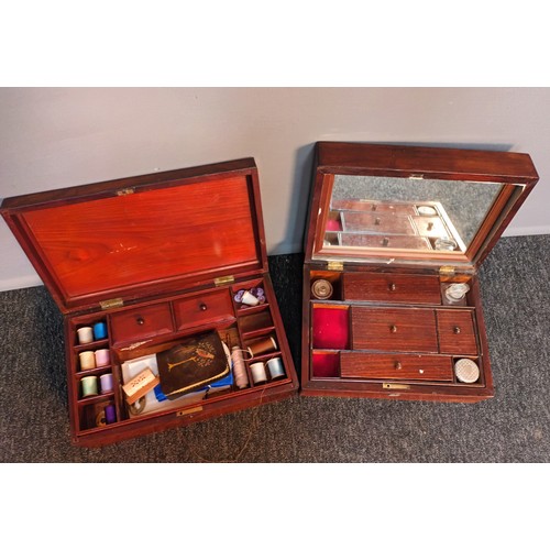 573 - Two antique travelling work/ sewing boxes, fitted with interior sections and drawers. Comes with con... 