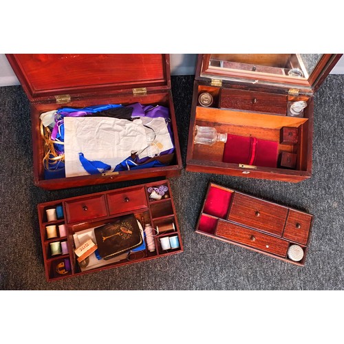 573 - Two antique travelling work/ sewing boxes, fitted with interior sections and drawers. Comes with con... 