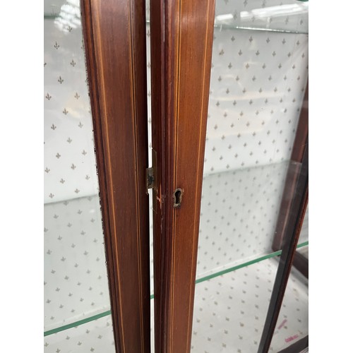 838 - Antique mahogany display cabinet, the moulded cornice above two moulded paneled doors leading to int... 