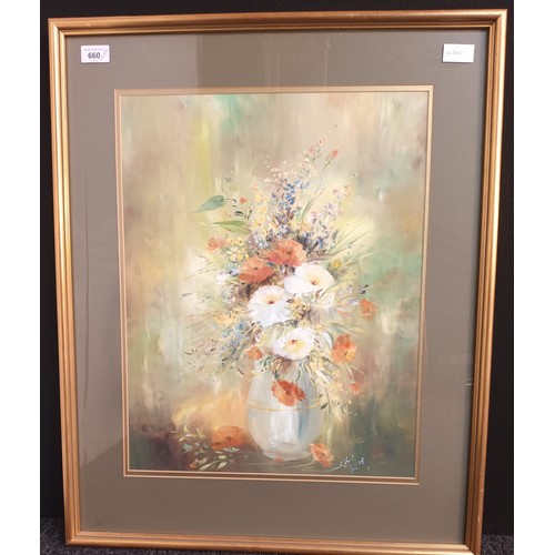 660 - Still life oil painting depicting flowers in a vase [L.Blackie]  [73x59cm]