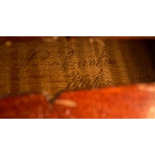 569 - 19th century violin with bow, comes with coffin case, bow named Grimm, Violin is inscribed in pencil... 