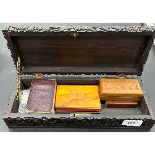 579 - Antique hand carved hardwood box, Detailed with temple surrounded by foliage and flower design. Come... 