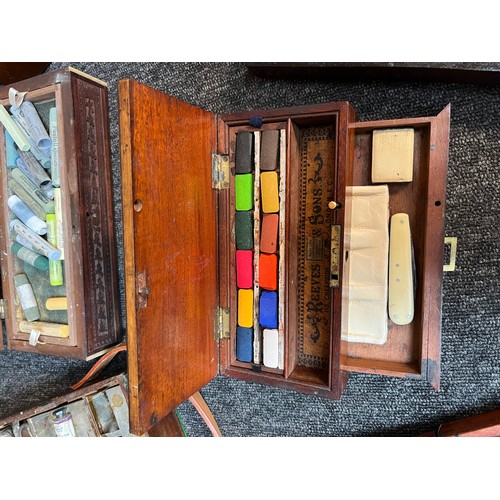 649 - Collection of antique/ vintage artists paint boxes and travel artist case. Includes The Student box ... 