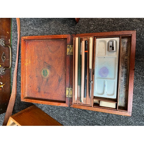 649 - Collection of antique/ vintage artists paint boxes and travel artist case. Includes The Student box ... 