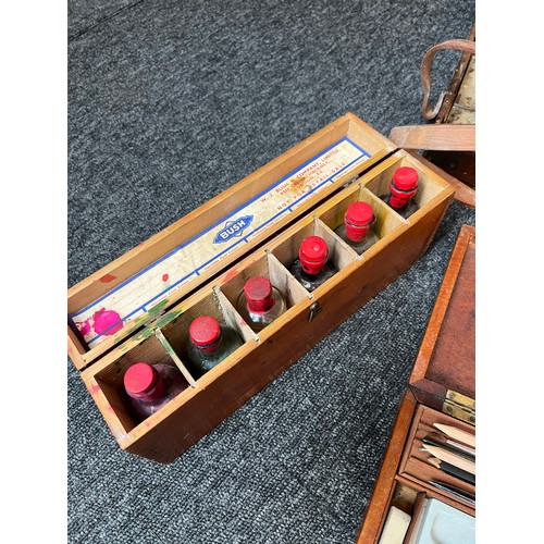 649 - Collection of antique/ vintage artists paint boxes and travel artist case. Includes The Student box ... 