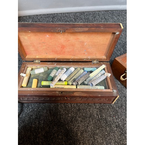 649 - Collection of antique/ vintage artists paint boxes and travel artist case. Includes The Student box ... 