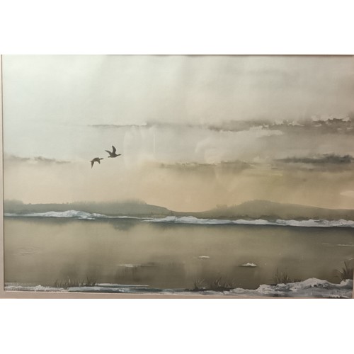 663 - Landscape watercolour, depicting birds flying above lake [signed] [52x65cm]