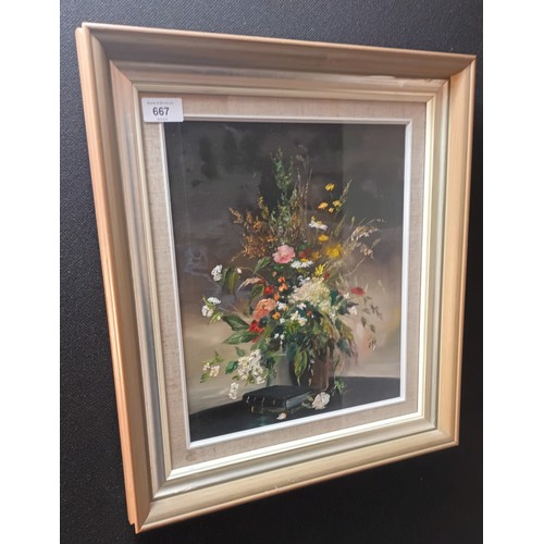 667 - Still life oil painting depicting flowers and books [L. Blackie] [49x43cm]