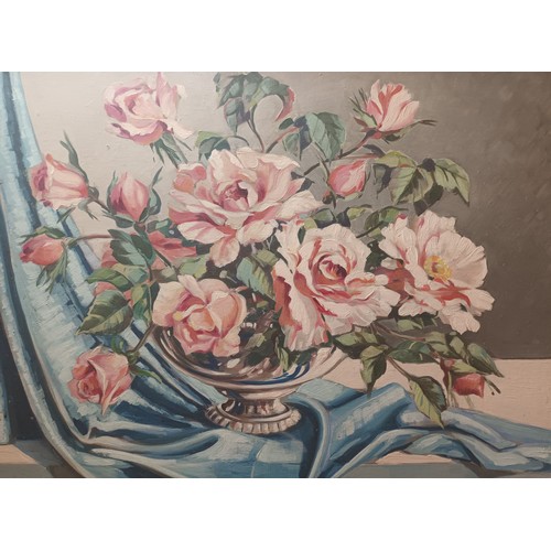 668 - Still life oil painting depicting roses in vase above a blue cloth [Milne] [66x76cm]