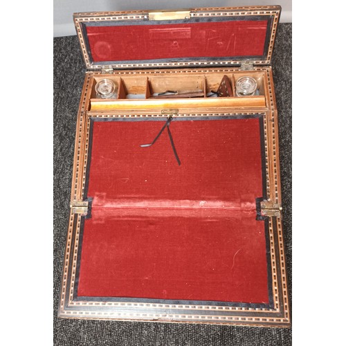 869 - Indian Hand carved and marquetry writing slope together with matching blotter. [Will not post]