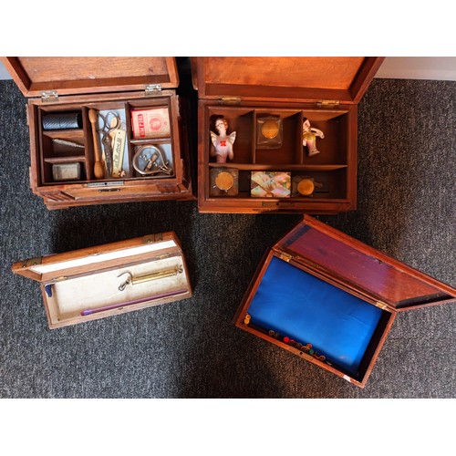 871 - Lot of four various sized antique boxes, Includes contents. Mineral rocks, ink wells, crinoline lady... 