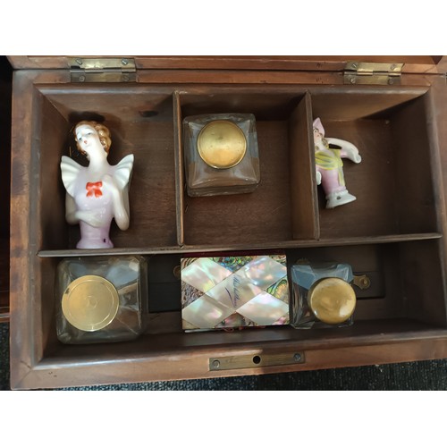 871 - Lot of four various sized antique boxes, Includes contents. Mineral rocks, ink wells, crinoline lady... 