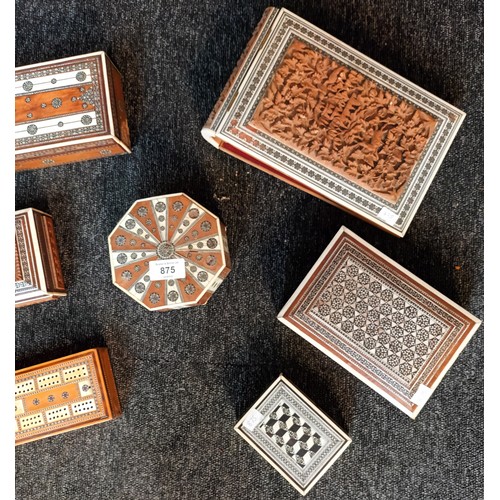 875 - A Collection of hand carved and marquetry boxes. Together with book binder.