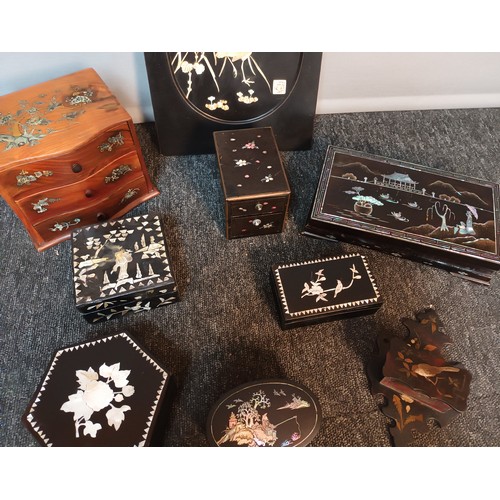 878 - Collection of Chinese lacquered and mother of pearl inlaid boxes. Includes bone wall panel, miniatur... 