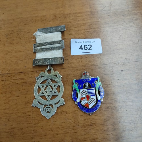 462 - 2 Silver hall marked medals one with enamel front masonic institution dated 1934.