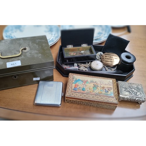 461 - Lot of collectables includes eastern themed box , compacts , stop watch , vintage cash box etc .