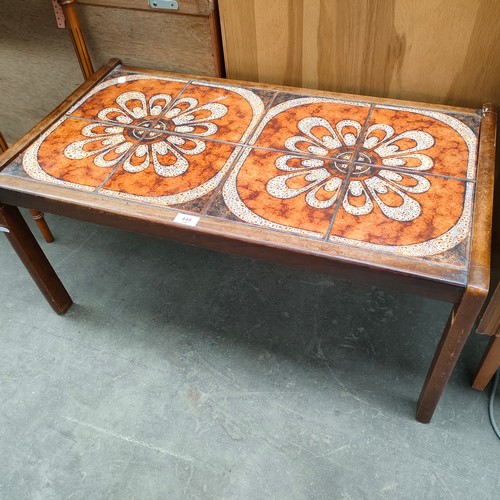 449 - Mid century teak coffee table with tile inserts.