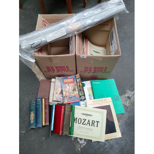 440 - Box of antique books together with box of piano books .