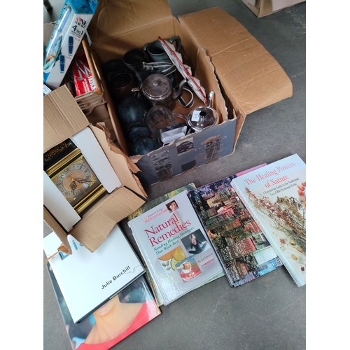 415 - Box of miscellaneous includes clock , books , plated ware etc.