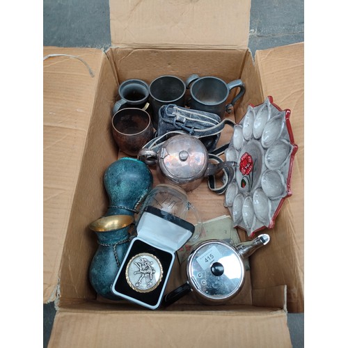 415 - Box of miscellaneous includes clock , books , plated ware etc.