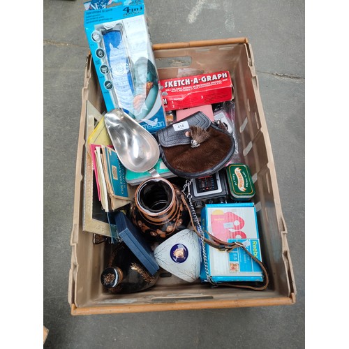 414 - Box of collectables.includes sporran , vintage radio etc .