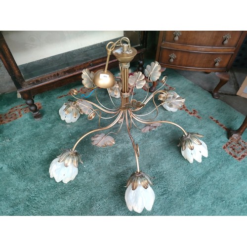 408 - Large modern rustic 6 branch ceiling light fitted with frosted flower glass shades .